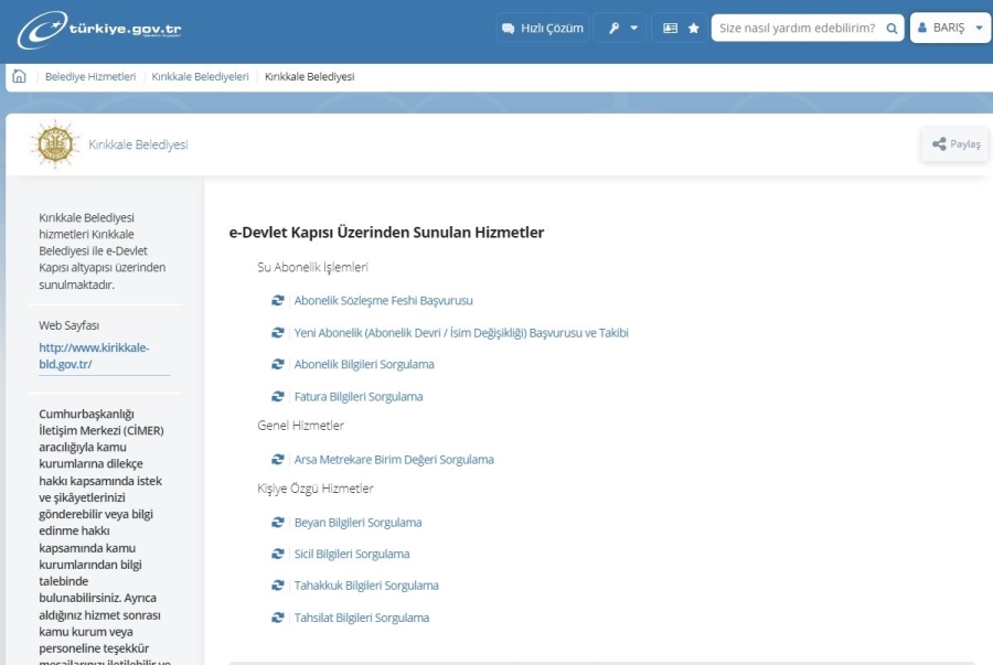 Kırıkkale Belediyesi Hizmetleri E-Devlette